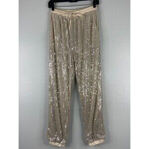 Mainstrip Women Small Ivory Sequin Jogger Pants Casual Party Beach
